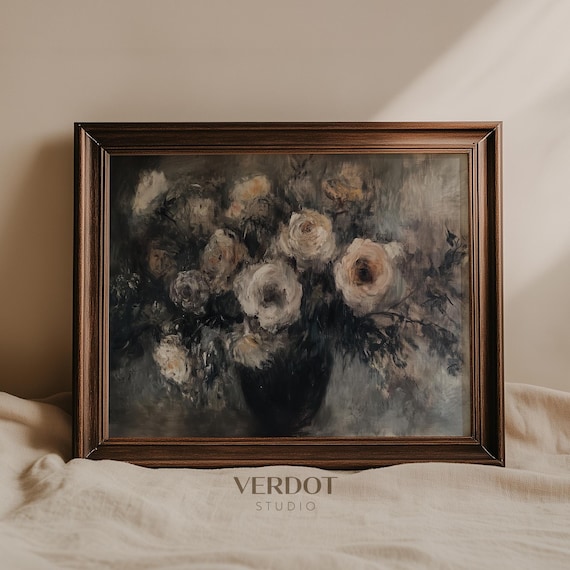 Moody Vintage Flowers Painting Wall Art Dark Rustic Floral Print Antique Still Life Print 24107