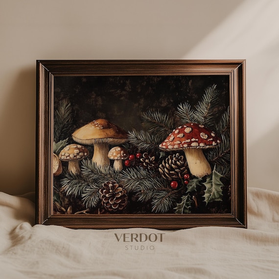 Vintage Christmas Mushroom Art Print, Antique Holiday Decor
