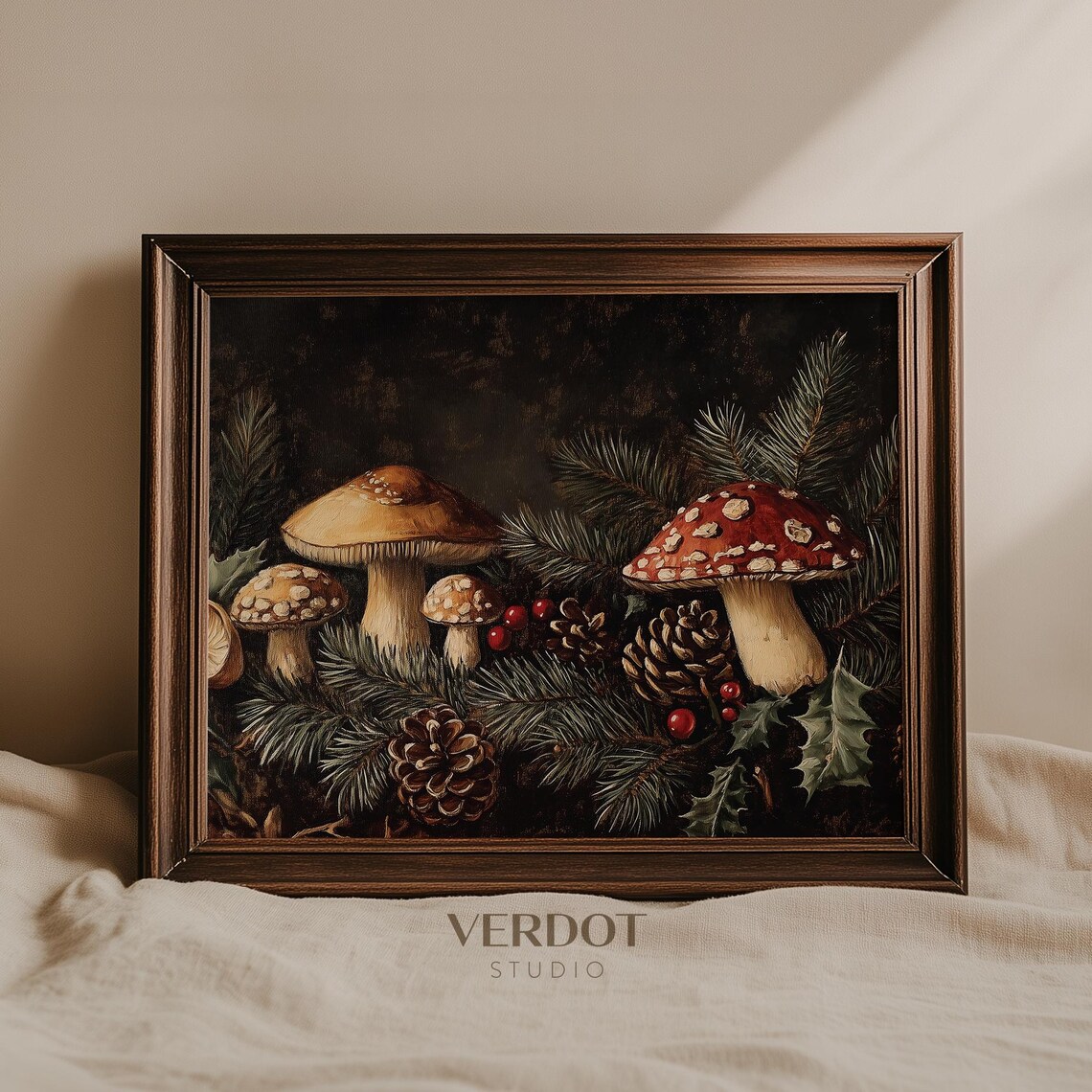 Vintage Christmas Mushroom Art Print, Antique Holiday Decor