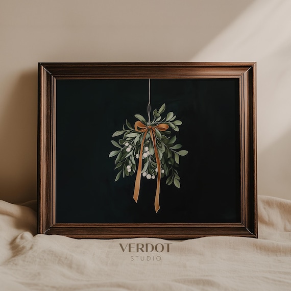 Mistletoe Painting Christmas Print Wall Art Dark Moody Antique Holiday Print Christmas Decor Winter Botanical Poster 24236