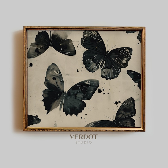 Black Butterfly Study Vintage Ink Illustration Moody Neutral Wall Art Print