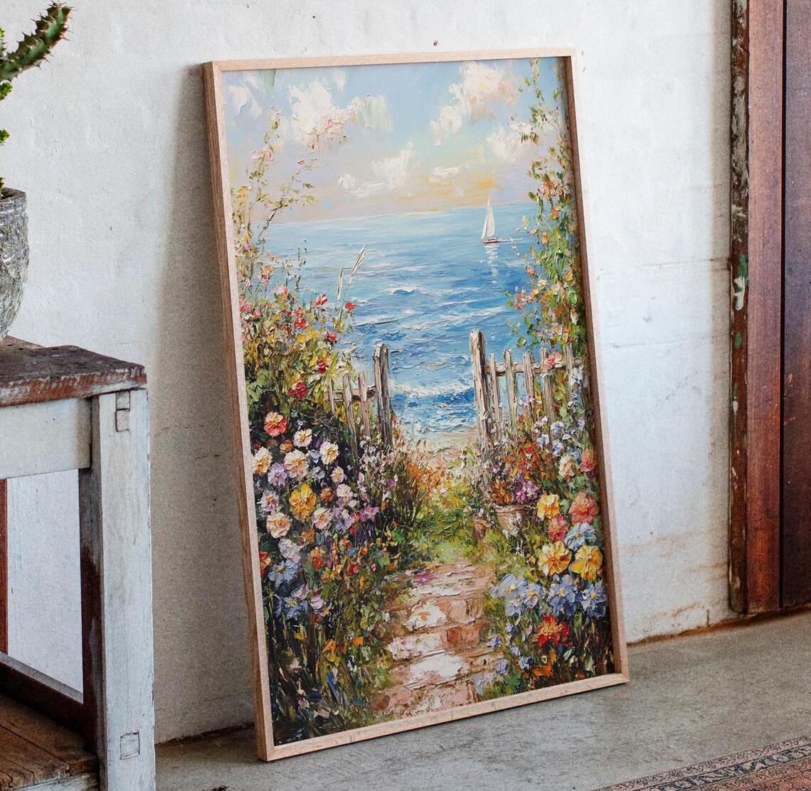Seaside Garden Path - Vintage Floral Coastal Landscape