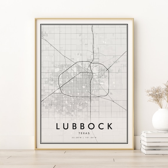 Lubbock Texas Minimalist City Map Black and White Street Line Art Poster