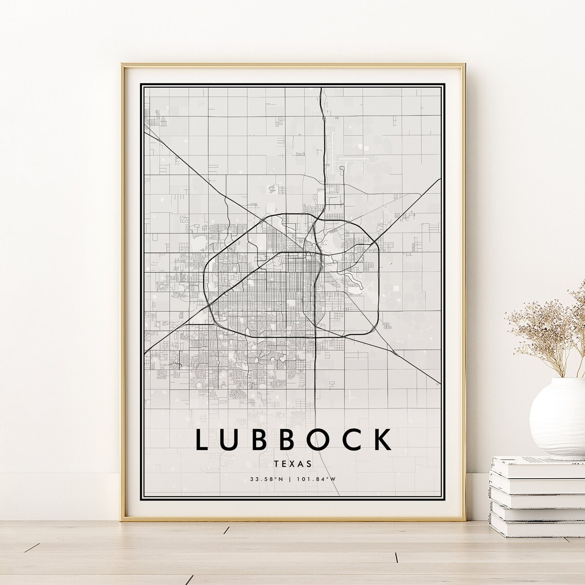 Lubbock Texas Minimalist City Map Black and White Street Line Art Poster