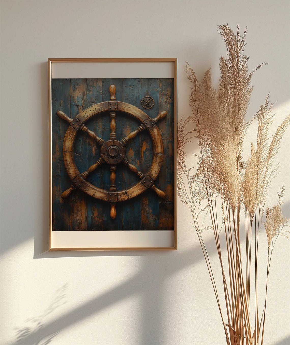 Weathered Wooden Ship Wheel on Distressed Blue Planks Art Poster - Image 2