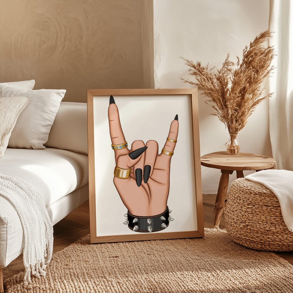 Rock On Hand Gesture With Gold Rings and a Spiked Cuff Poster - Image 5