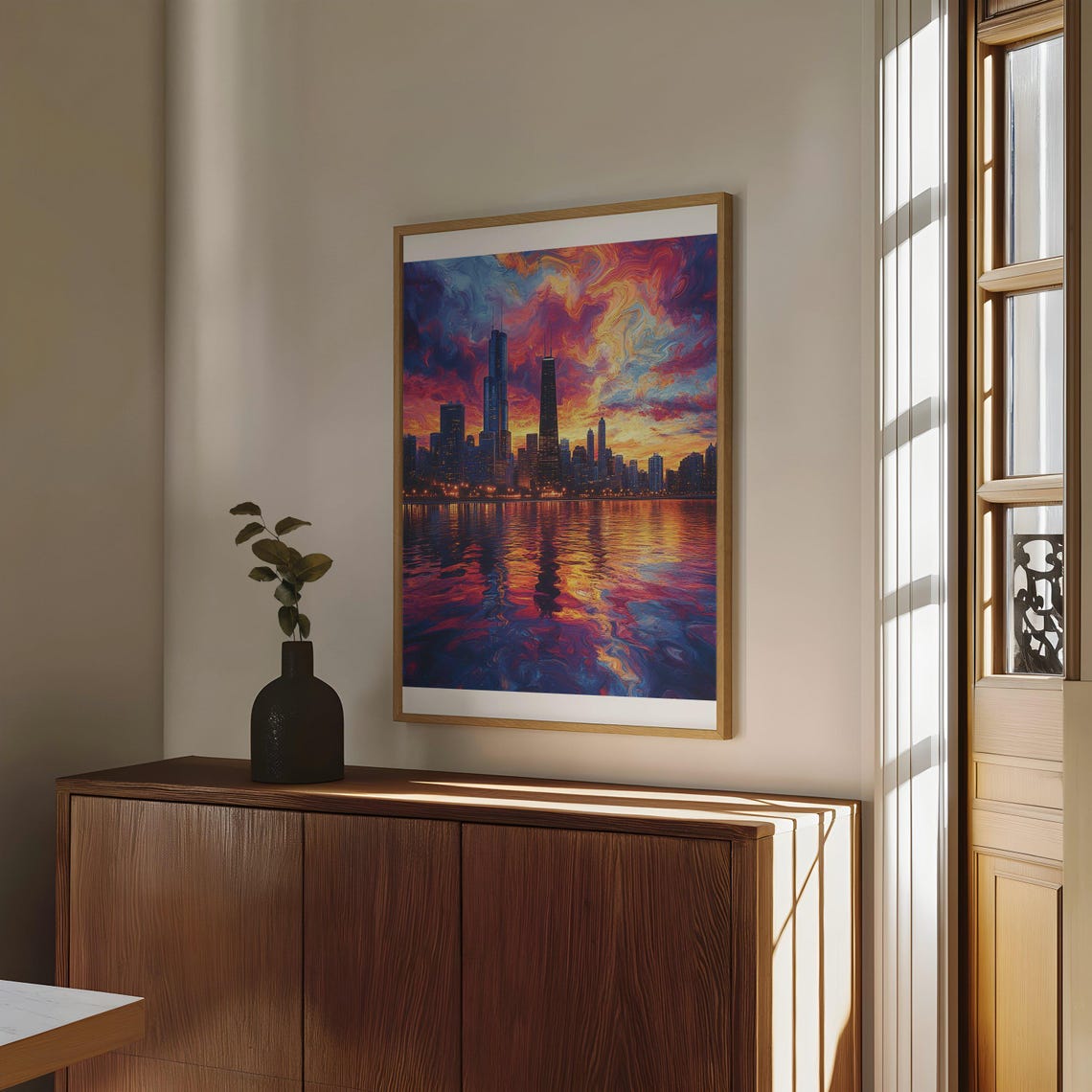 Chicago Skyline Ablaze in Vibrant Sunset Reflection Art Poster - Image 4