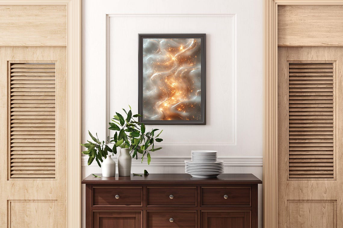 Golden Embers Swirling Through Silver Smoke Abstract Art Poster - Image 2