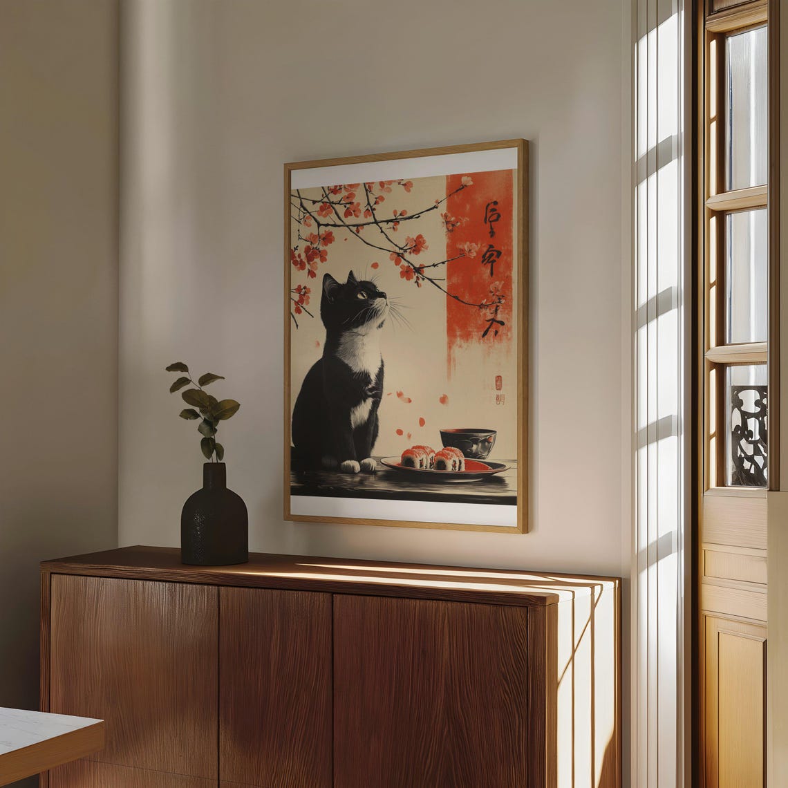 Charming Black Cat With Sushi Plate Under Cherry Blossoms Art Poster - Image 4