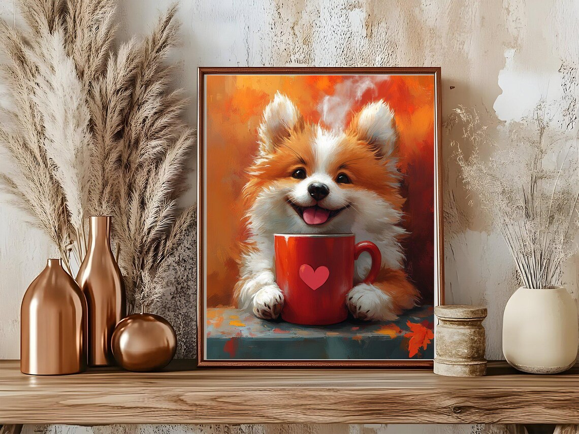 Smiling Fluffy Pomeranian Puppy with Red Heart Mug Art Poster - Image 5