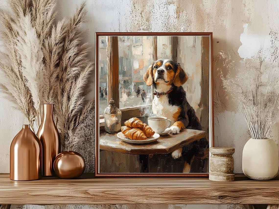 Charming Beagle Sitting at Parisian Cafe with Croissants Art Poster - Image 5