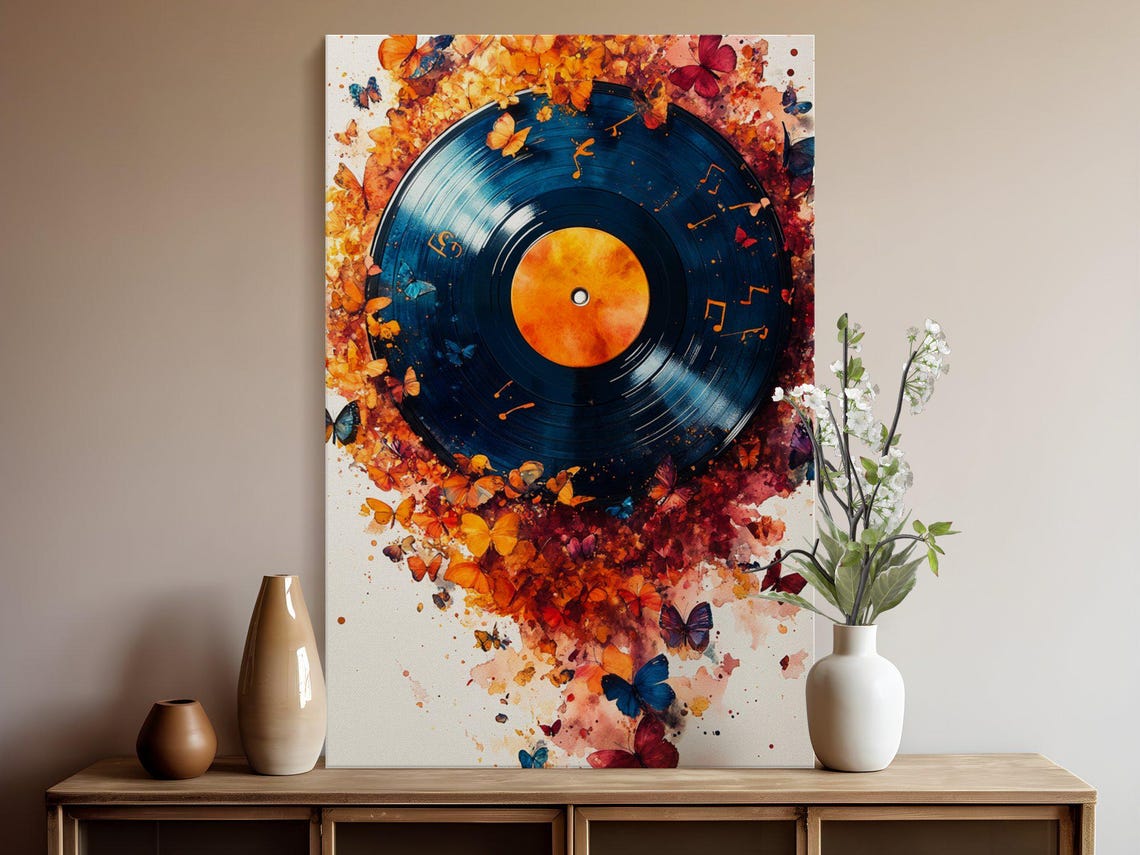 Blue Vinyl Record Circled By Orange Butterflies In Warm Tones Poster - Image 5