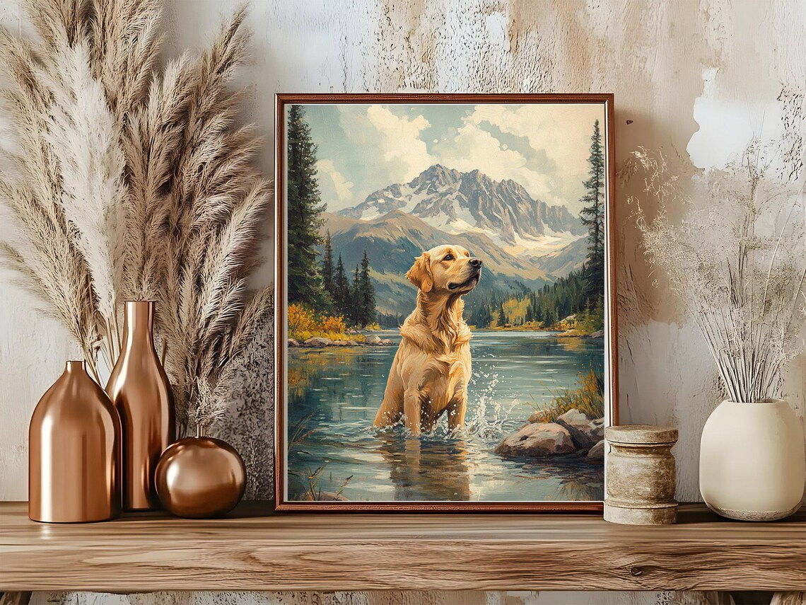 Golden Retriever Splashing in Alpine Mountain Lake Art Poster - Image 5