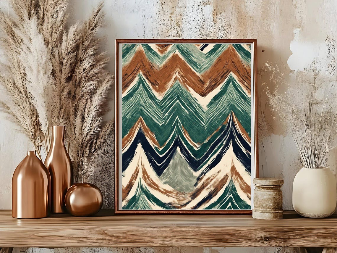 Painted Chevron Poster Green Brown Brushstroke Geometric Wall Decor - Image 2