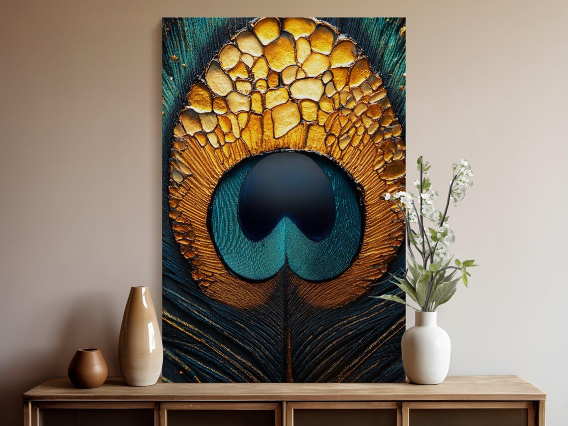 Peacock Feather Macro Poster With Golden and Teal Shimmering Detail - Image 5