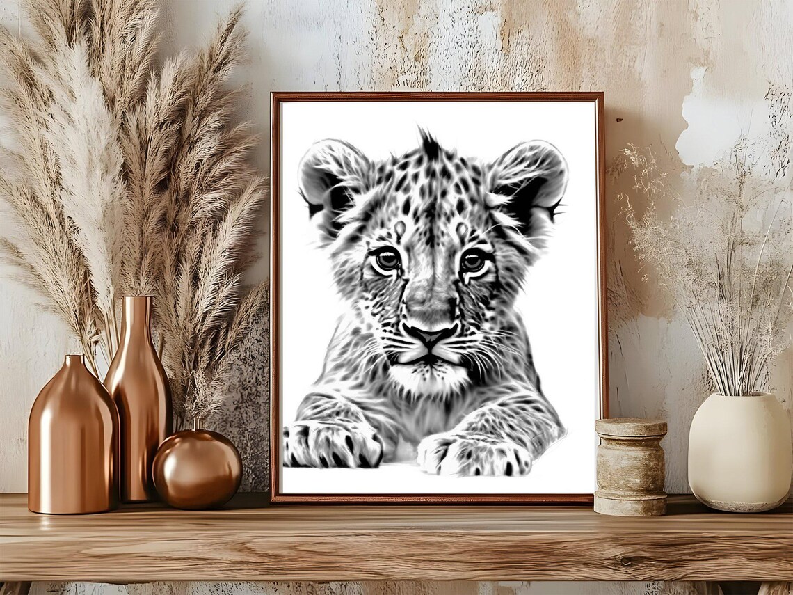 Baby Lion Cub Black and White Safari Wildlife Animal Art Poster - Image 5