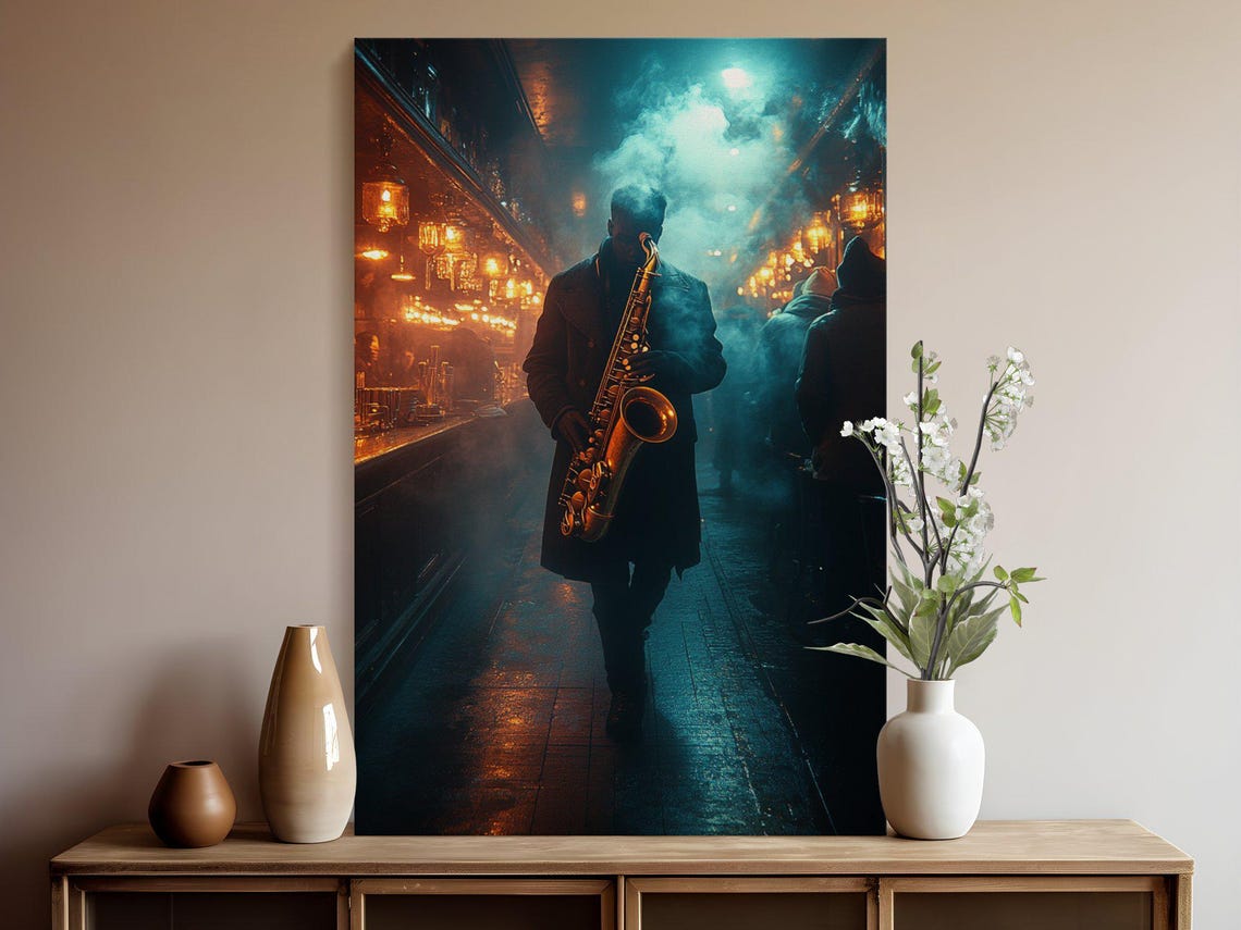 Smoky Jazz Bar Saxophonist Walking In Moody Blue Light Poster - Image 5