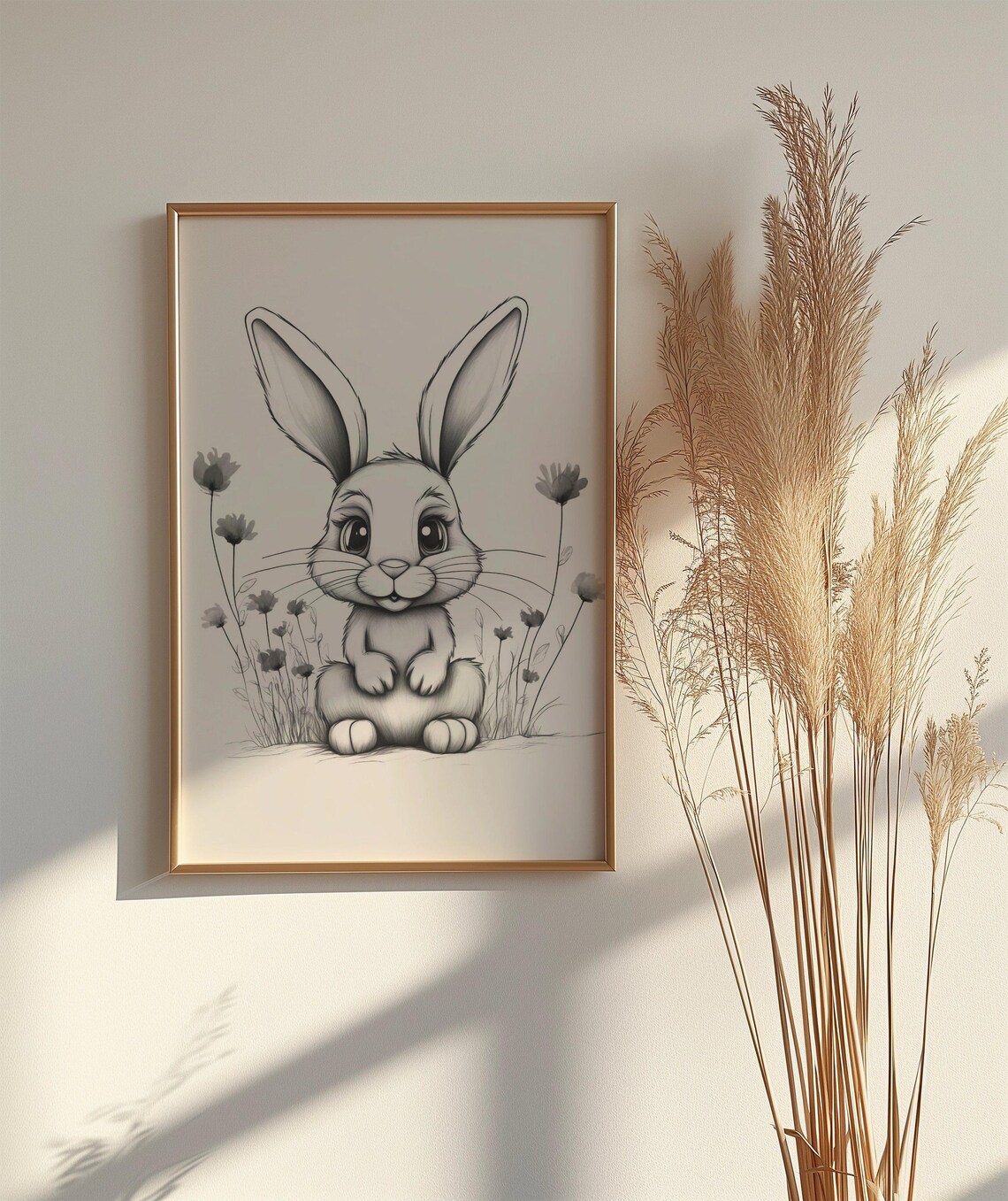 Adorable Bunny Sketch With Wildflowers Nursery Room Decor Poster - Image 2