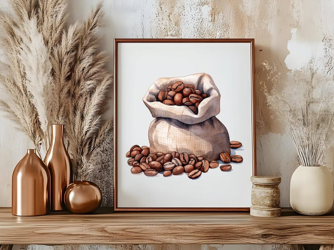 Watercolor Coffee Beans Sack Poster For Rustic Kitchen Decor - Image 5