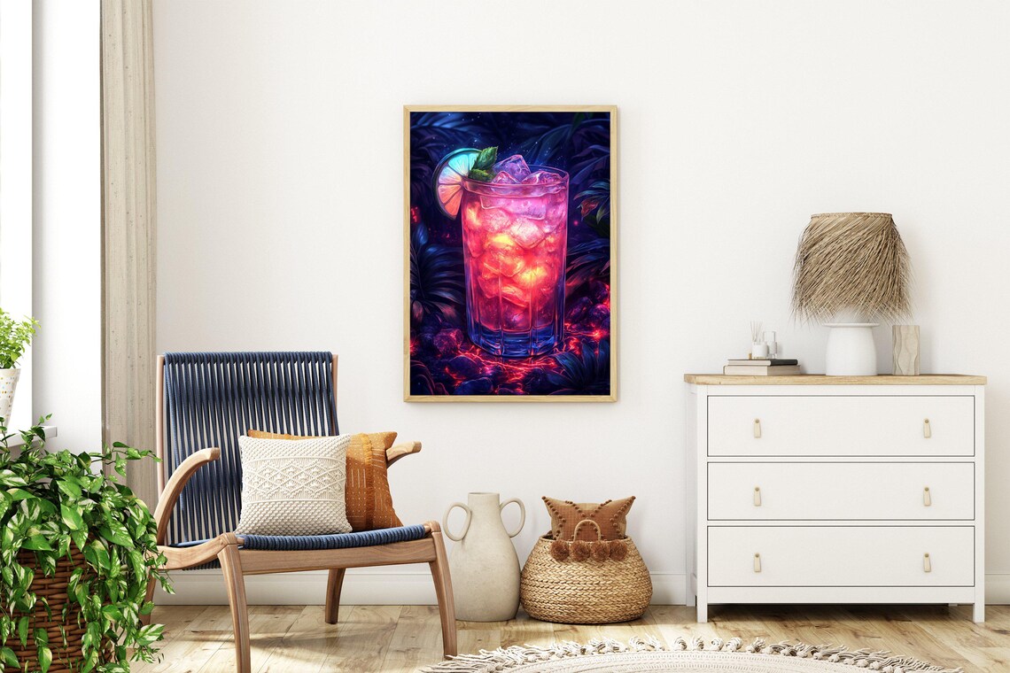Neon Pink Cocktail With Lime Slice Glowing in a Tropical Night Poster - Image 3