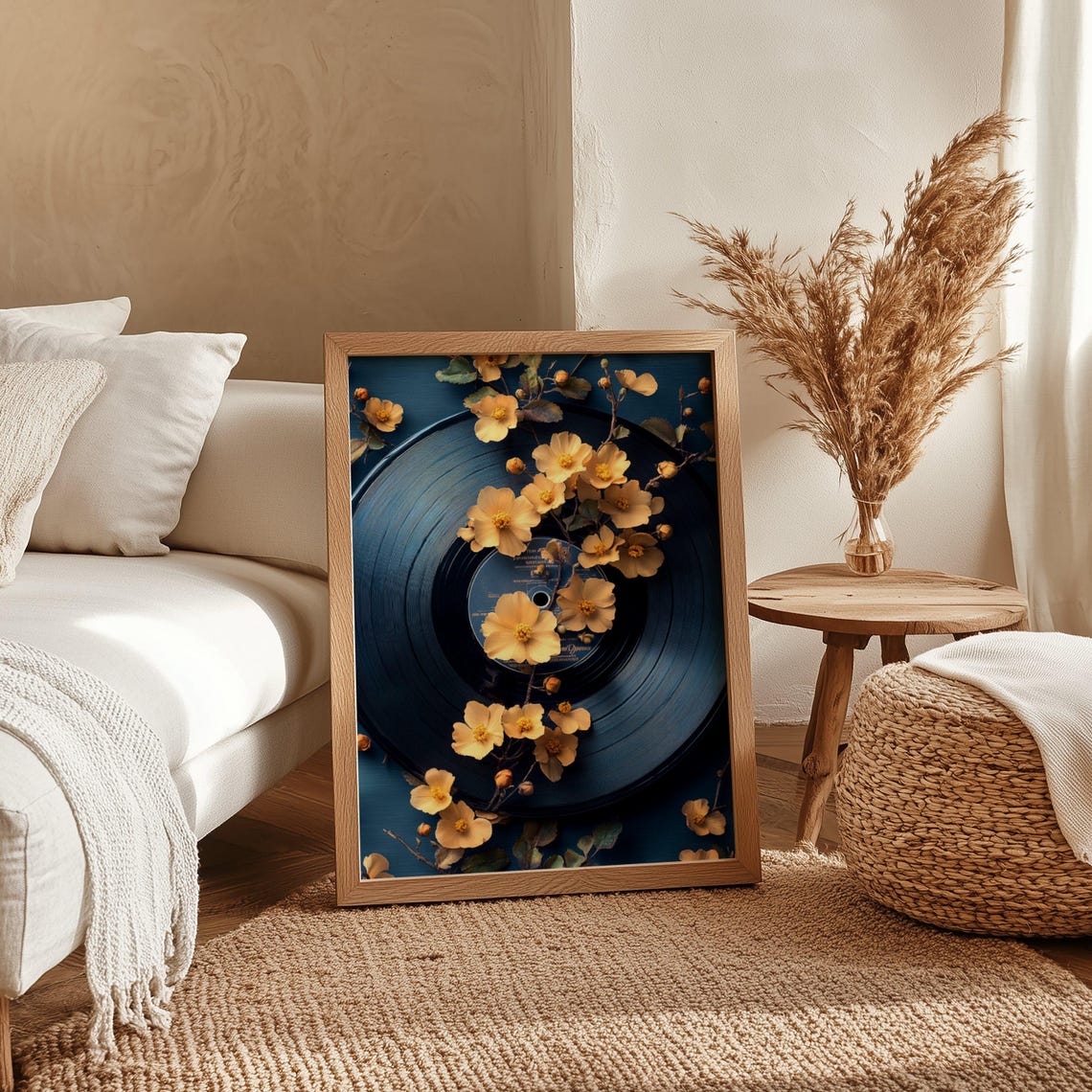 Navy Vinyl Record Wrapped In Yellow Flowering Branches Poster - Image 4