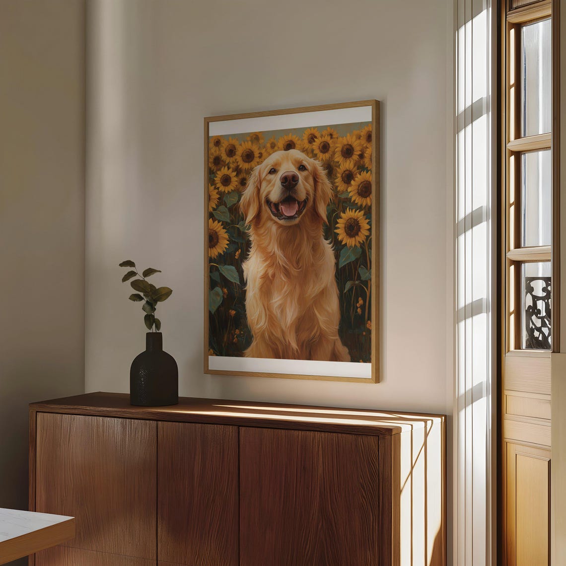 Joyful Golden Retriever Smiling in Sunflower Field Art Poster - Image 4