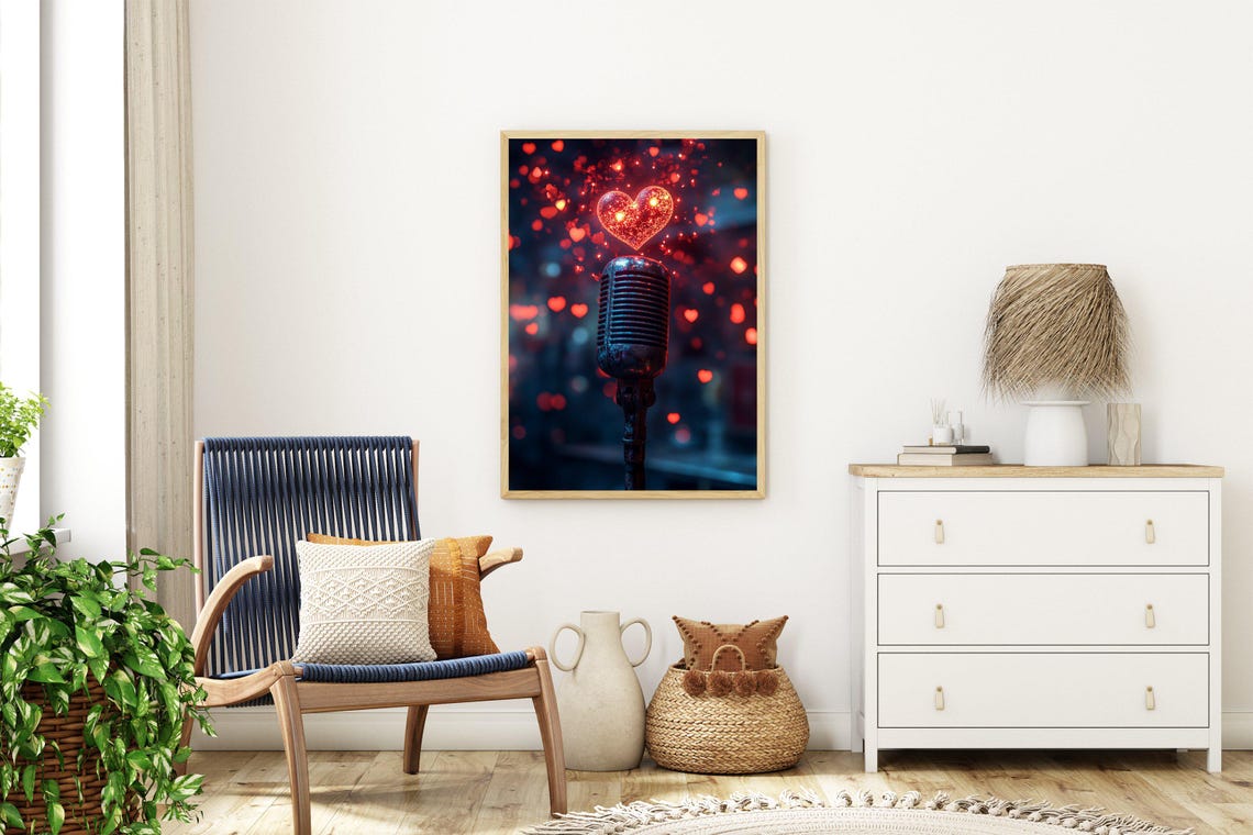 Vintage Microphone With Glowing Red Heart Lights Above Wall Art - Image 3