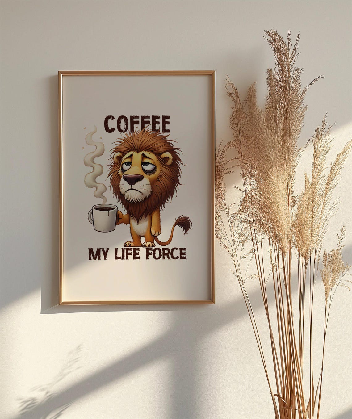 Funny Sleepy Lion Poster Saying Coffee My Life Force With Steaming Mug - Image 2