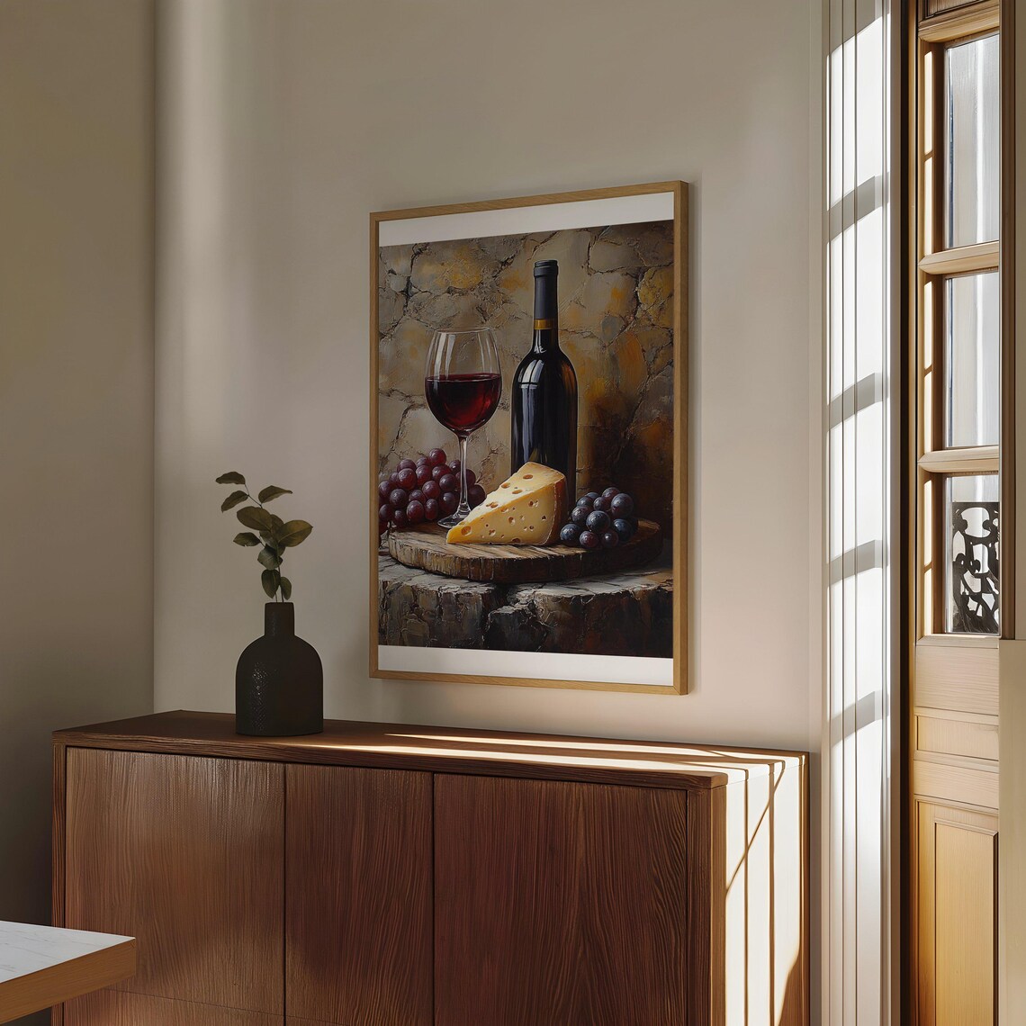 Red Wine Bottle and Glass Cheese Grapes Still Life Painting Poster - Image 4