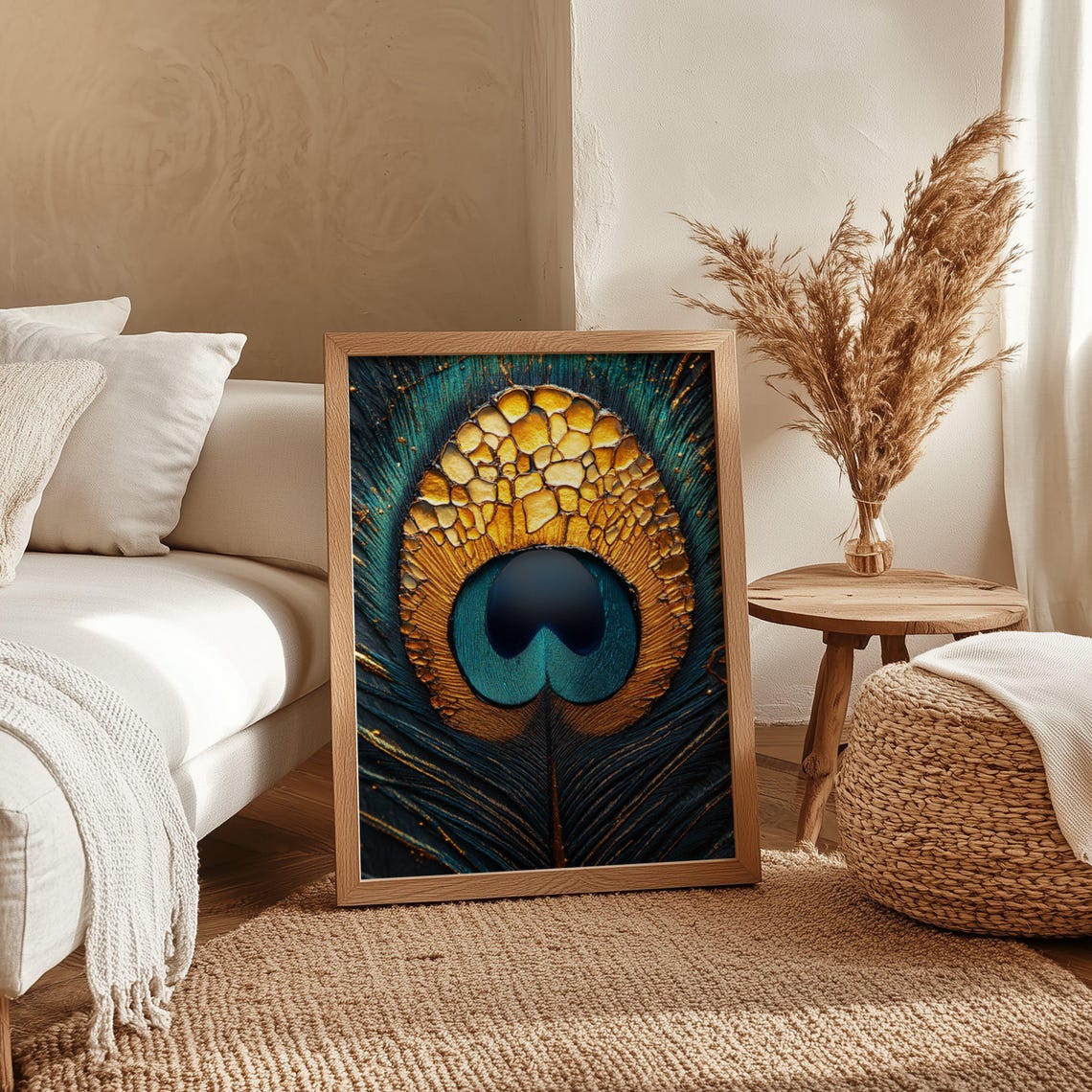 Peacock Feather Macro Poster With Golden and Teal Shimmering Detail - Image 4