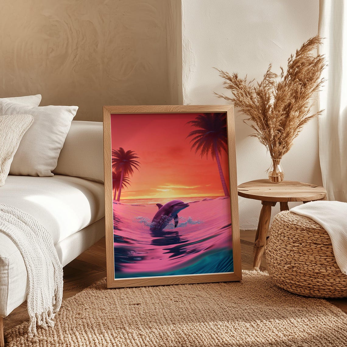 Dolphin Leaping at a Fiery Pink Tropical Sunset With Palms Poster - Image 4