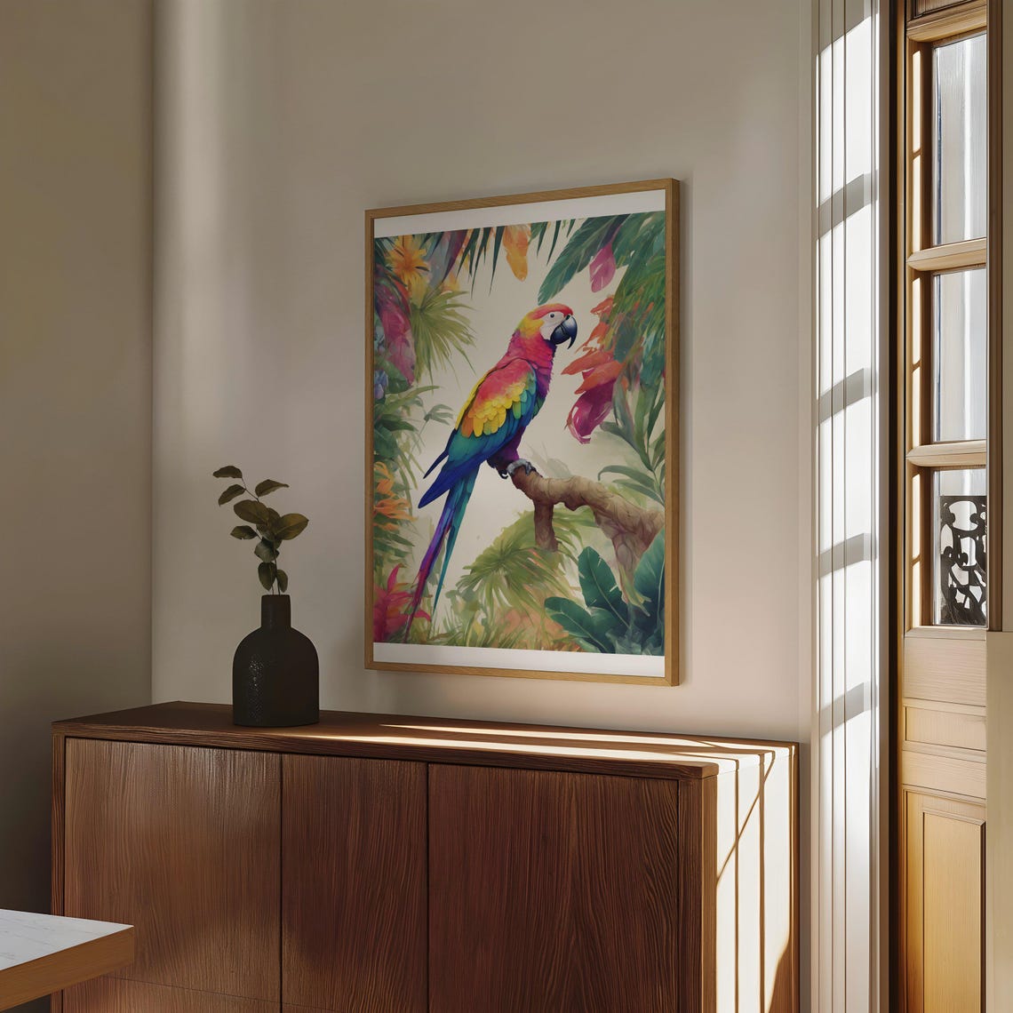 Colorful Macaw Parrot Poster Perched Branch Tropical Floral Art - Image 4