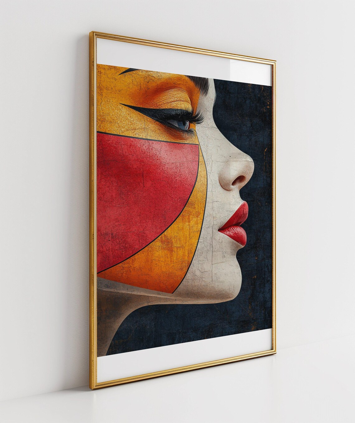 Cubist Woman Profile Poster With Red Gold and Black Geometry - Image 3