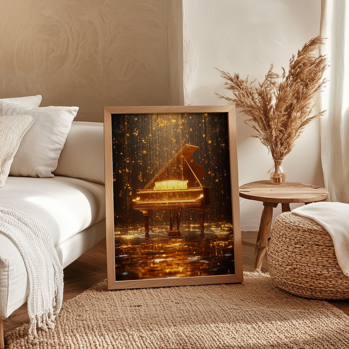Golden Grand Piano Standing Alone In Sparkling Golden Rain Poster - Image 4