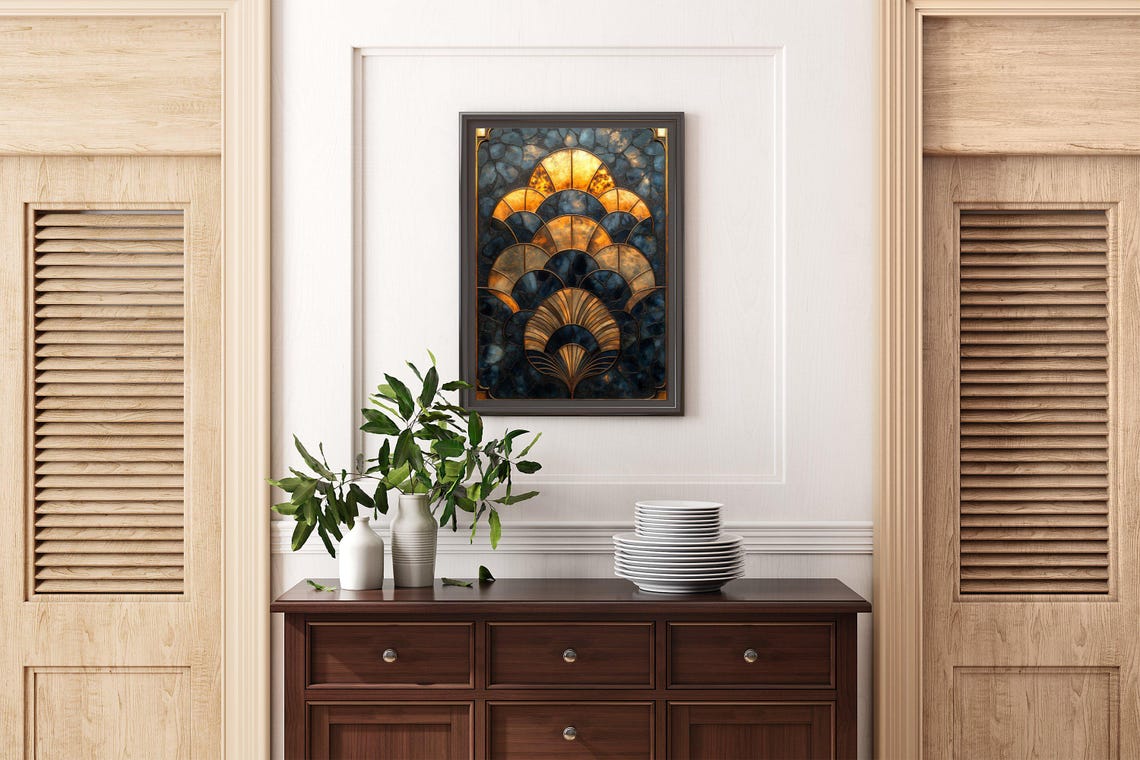 Art Deco Golden Fan Pattern on Navy Blue Stained Glass Style Poster - Image 2
