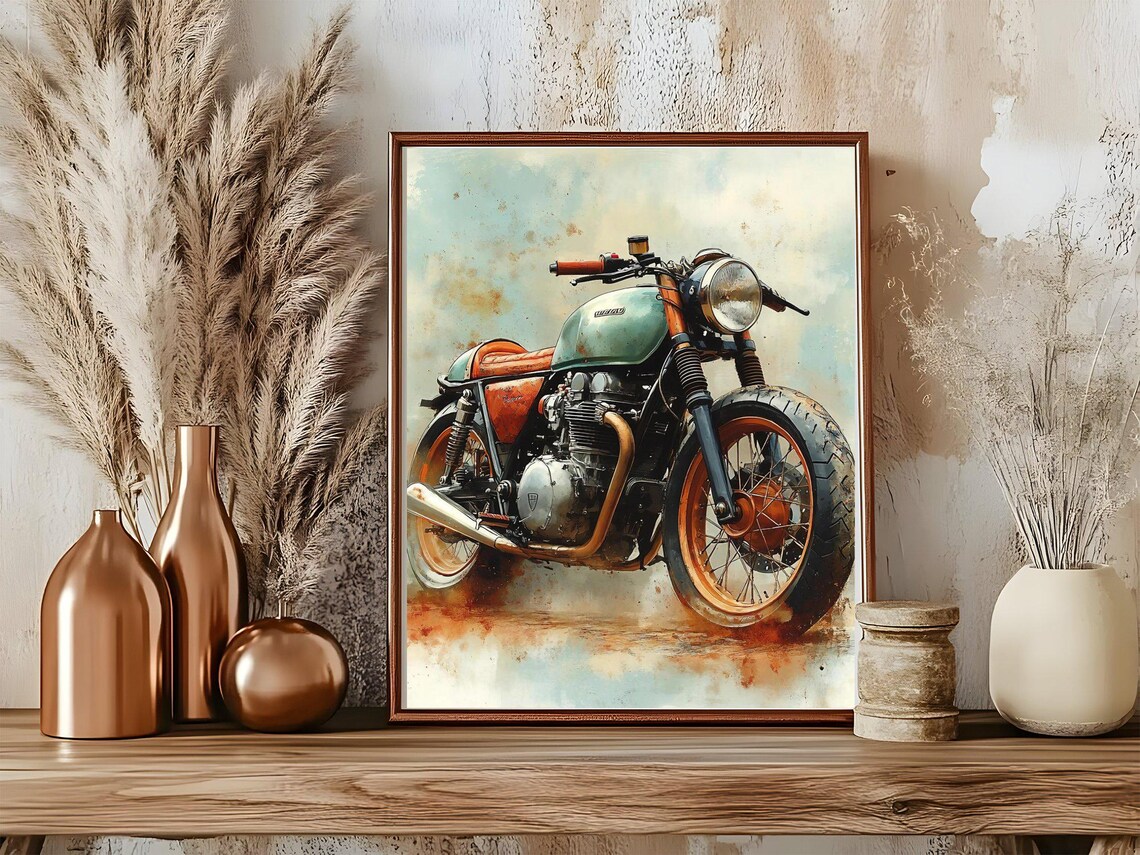 Retro Cafe Racer Motorcycle Poster Teal Watercolor Classic Bike - Image 5