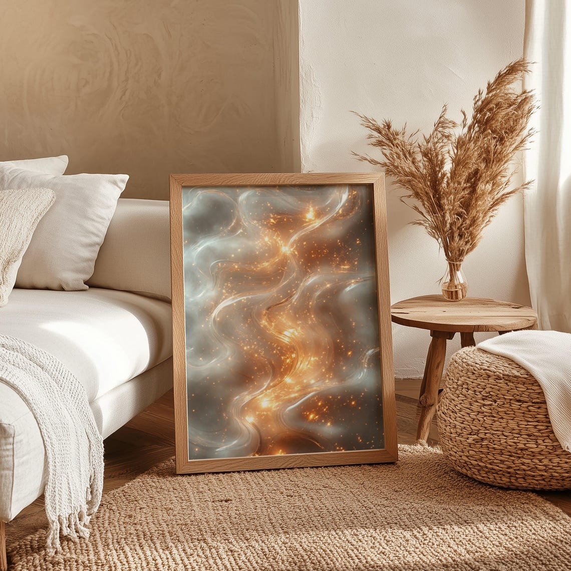 Golden Embers Swirling Through Silver Smoke Abstract Art Poster - Image 4