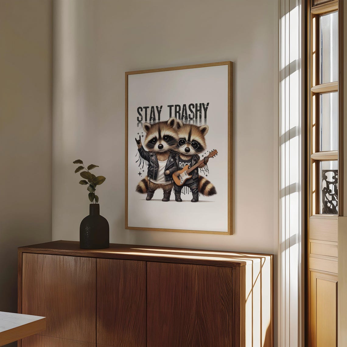 Stay Trashy Rocker Raccoons in Leather Jackets With Guitar Poster - Image 2