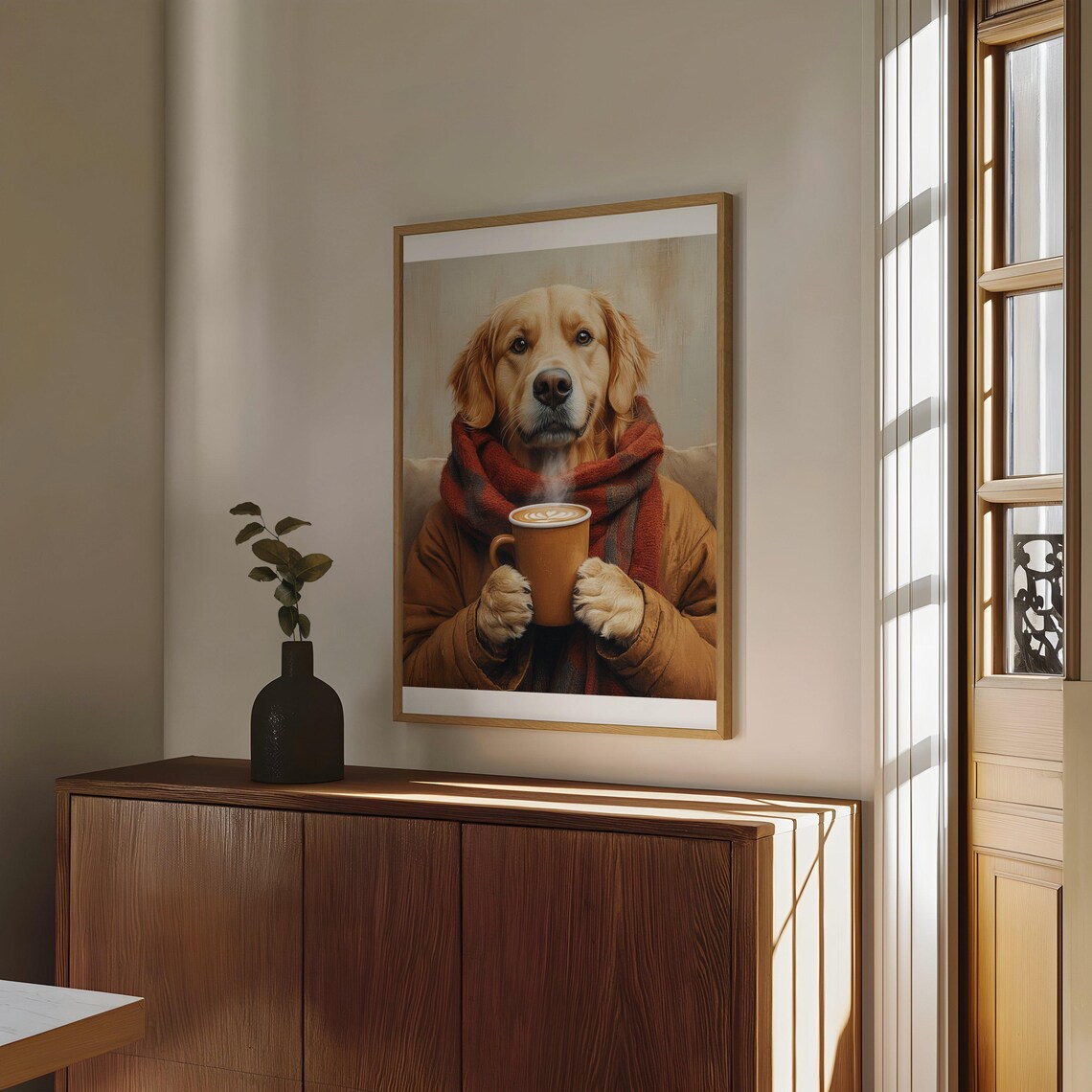 Golden Retriever in Winter Scarf Sipping a Warm Latte Art Poster - Image 4