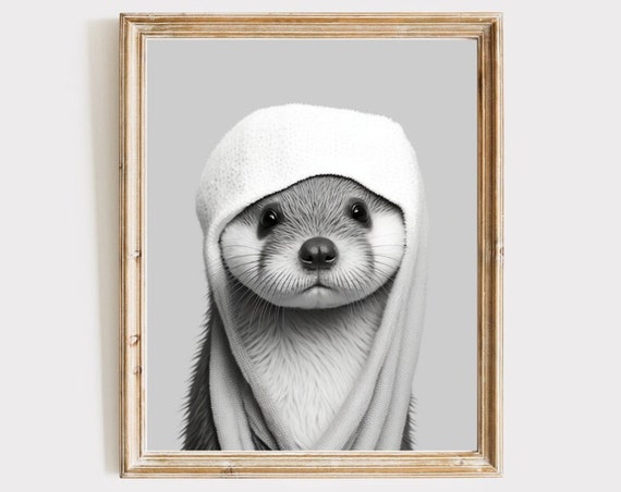 Otter In Bathrobe Bathroom Art Kids Funny Animals Print Wall