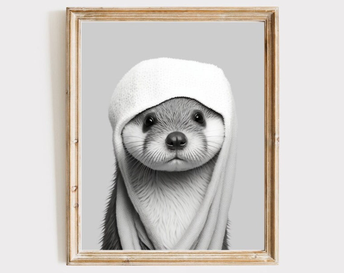 Cute Otter With Towel On Head Funny Bathroom Animal Art Print