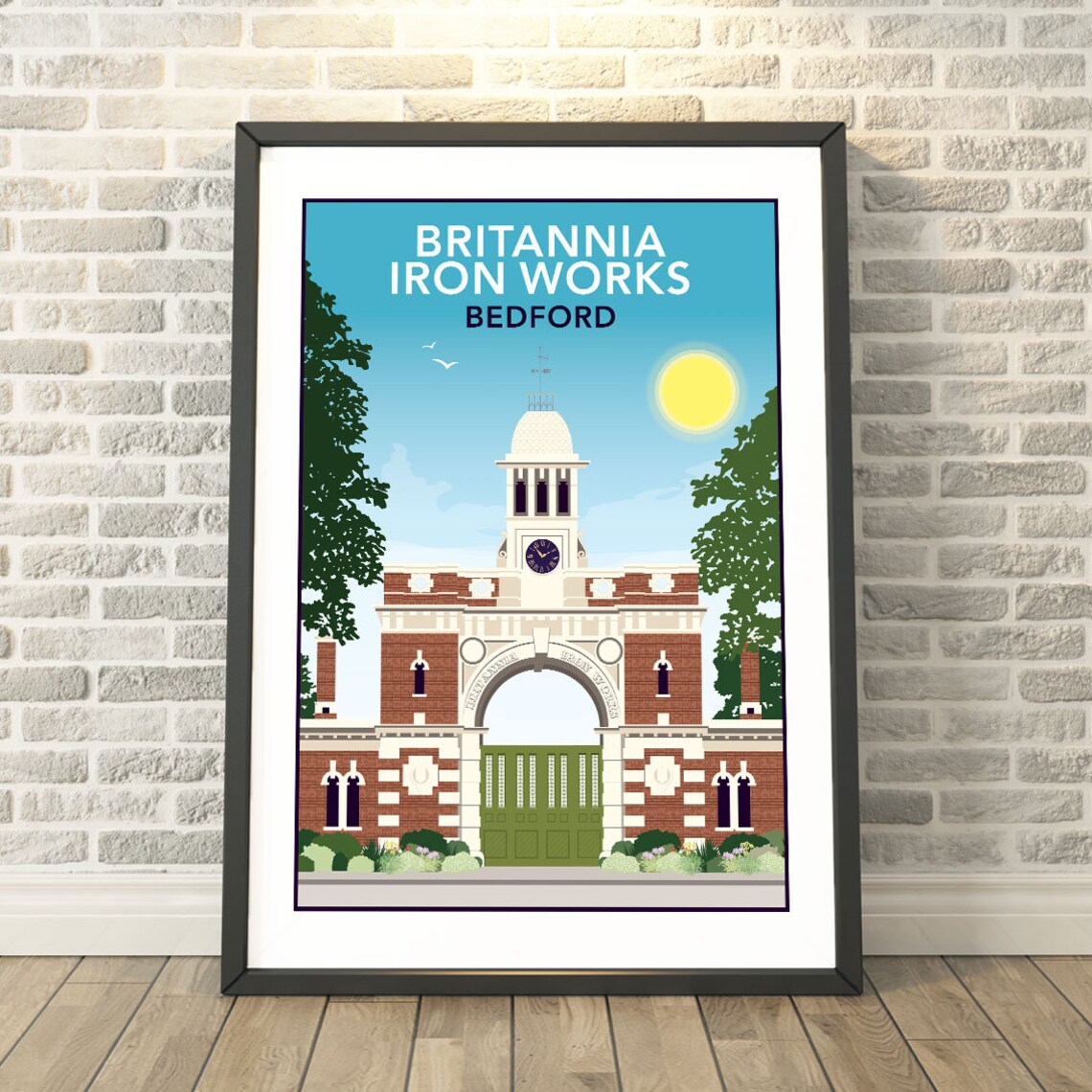 Britannia Iron Works Bedford Clock Tower Retro Travel Poster