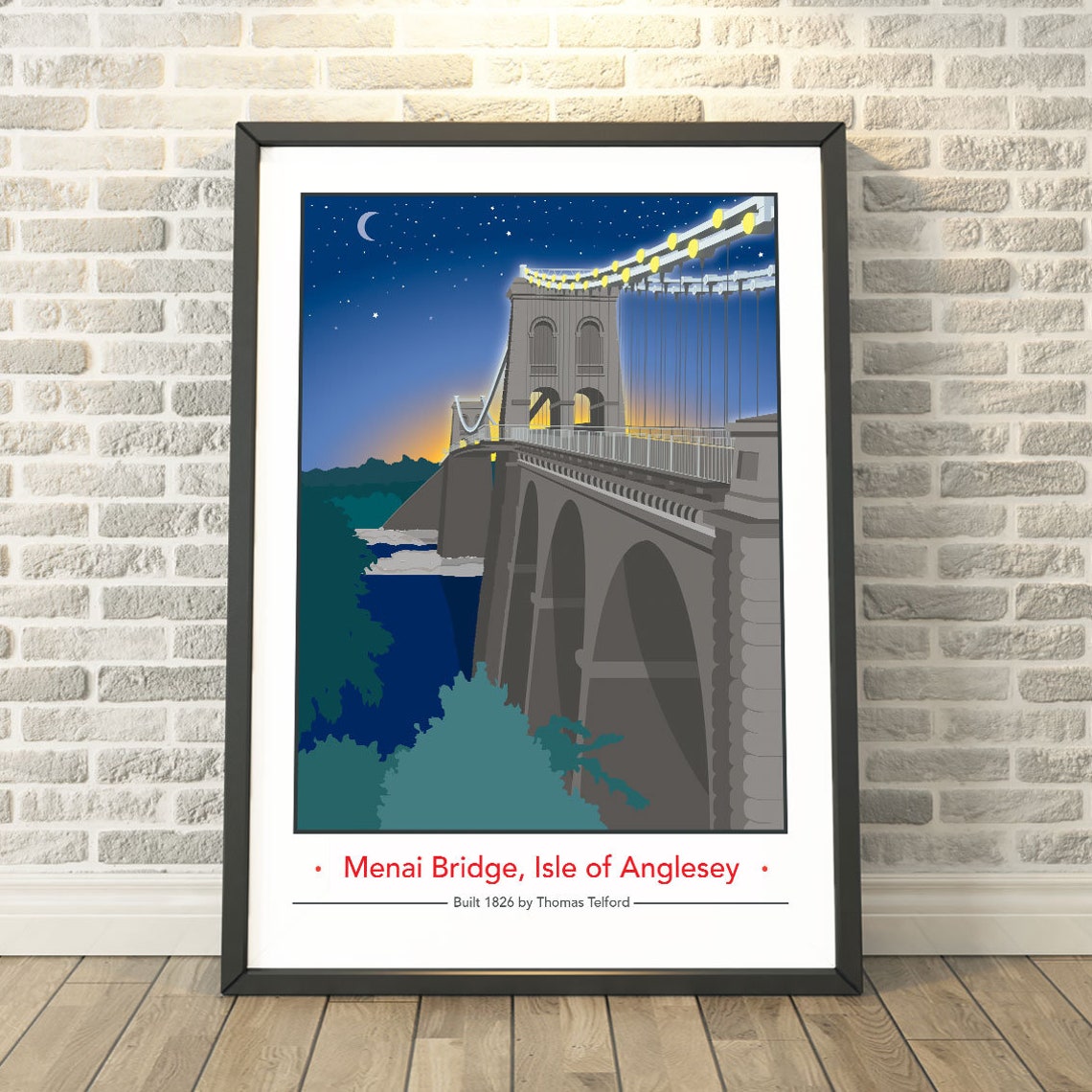 Menai Bridge Isle of Anglesey Night Vintage Landmark Travel Poster