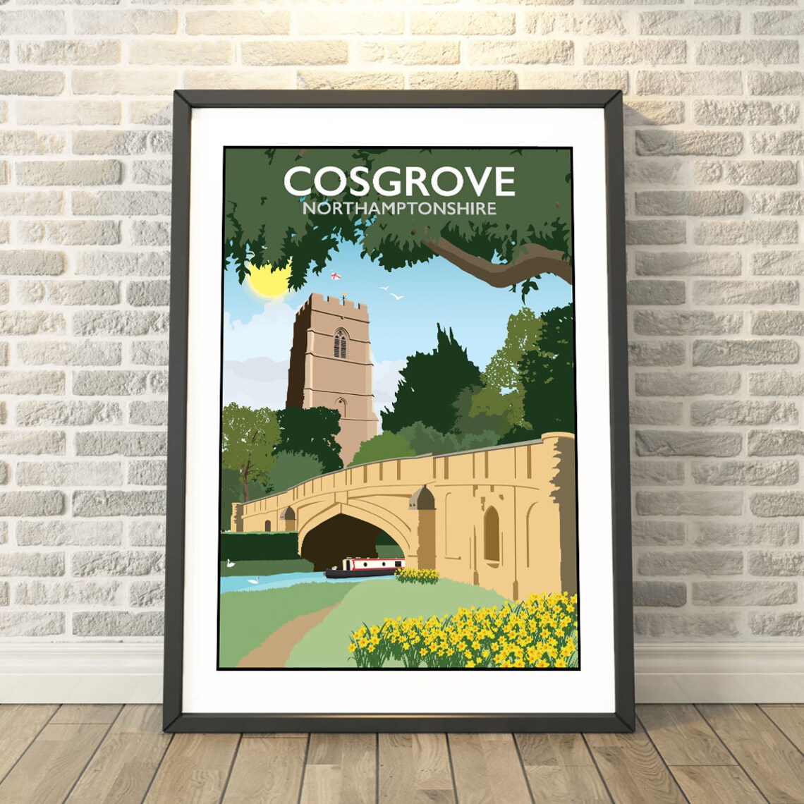 Cosgrove Northamptonshire Travel Poster Church Bridge And Narrowboat