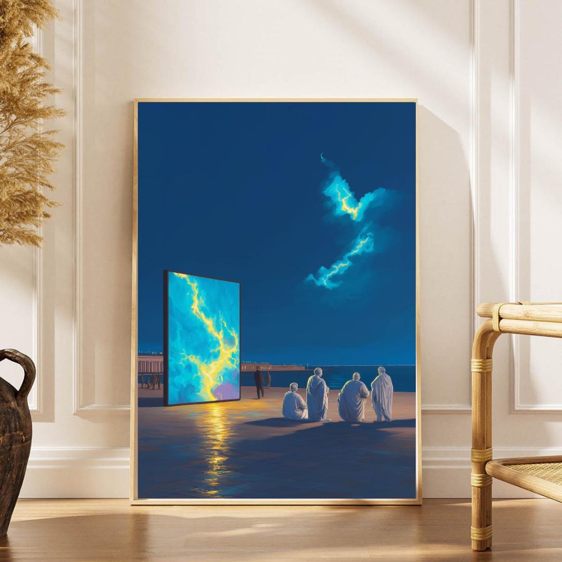 Surreal Blue Dreamscape Robed Figures Lightning Portal Wall Art