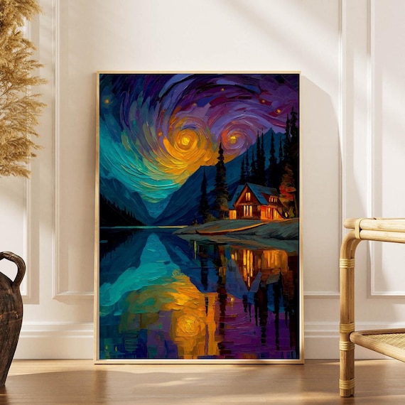 Cozy Cabin At Starry Night Poster Impressionist Mountain Lake Wall Art Nature Home Decor Lovers Gift