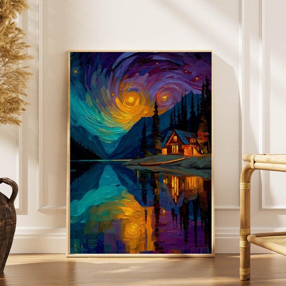 Starry Night Mountain Cabin Lake Swirling Sky Impressionist Poster