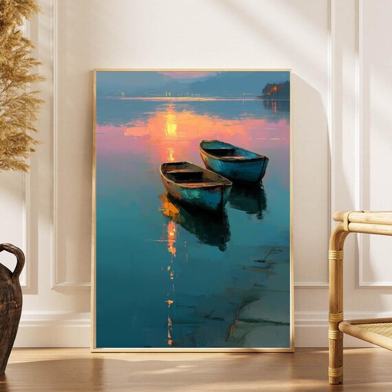 Two Rowboats Sunset Lake Painting Poster Peaceful Water Reflection Art