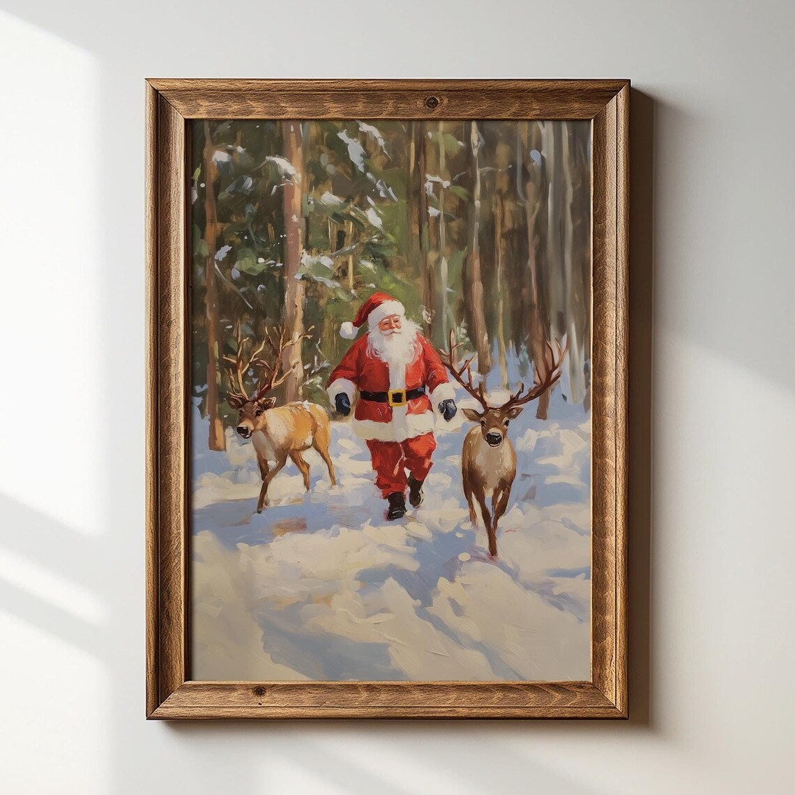 Santa Claus Walking With Reindeer Snowy Forest Vintage Oil Painting Poster