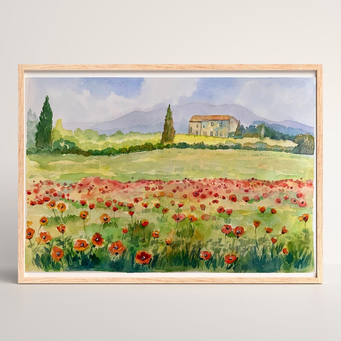 Poppies Field Original Watercolor Painting Floral Wall Art Poppy Meadow Landscape Flowery Countryside Art Impressionist Art 10x14 In